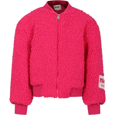 Msgm Kids' Fuchsia Faux Fur Coat For Girl With Logo In Fucsia