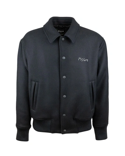 Msgm Single-color Jacket In Cool Wool With "hand" Style Embroidered Micrologo In 99black
