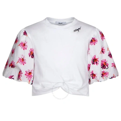 Msgm Girls Bianco Floral Ruffle Sleeve Logo Cotton Shirt