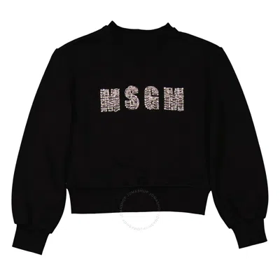 Msgm Kids'  Girls Black Crystal Logo Cotton Sweatshirt