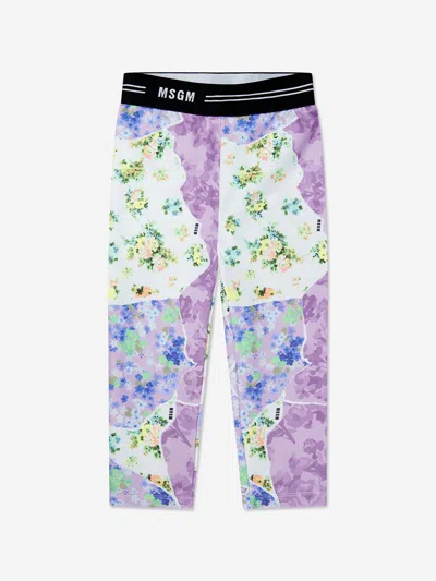 Msgm Kids' Girls Floral Leggings In Blue