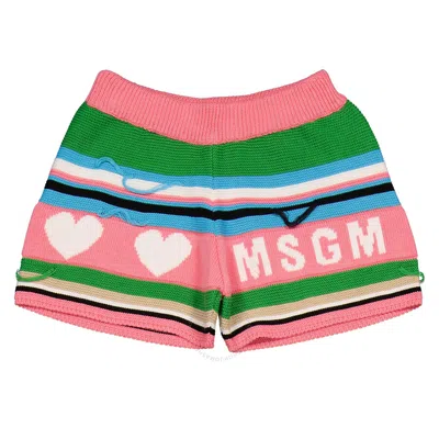 Msgm Girls Stripe Logo Distressed Knit Shorts In Pink