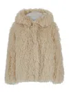 MSGM BEIGE SINGLE-BREASTED JACKET WITH HOOD IN FAUX FUR WOMAN