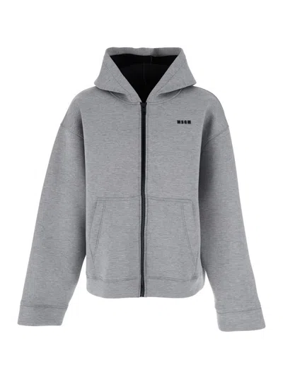 MSGM GREY HOODIE WITH CONTRASTING LOGO EMBROIDERY IN COTTON MAN