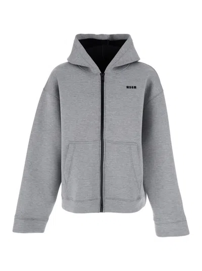 MSGM GREY HOODIE WITH CONTRASTING LOGO EMBROIDERY IN COTTON MAN