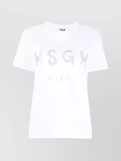 Msgm Glitter Cotton Jersey Knit Detail In White