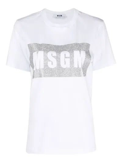 Msgm Glitter-logo Cotton T-shirt In White