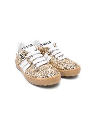 Msgm Kids' Glittered Lace-up Sneakers In 金色
