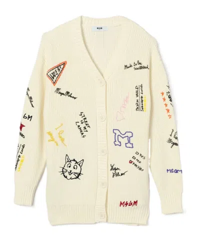 Msgm Kids' Graffiti-embroidered Ribbed-knit Cardigan In Neutral