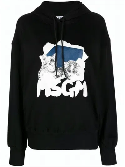 Msgm Graphic Hooded Sweatshirt With Cat Design In Black