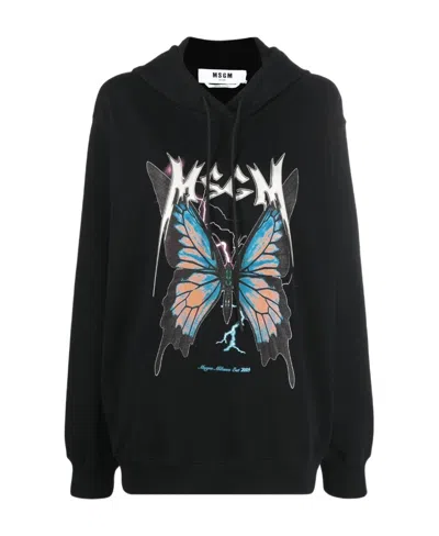 Msgm Graphic-print Cotton Hoodie In Black
