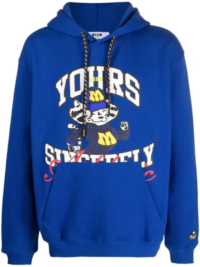 Msgm Graphic Print Hooded Sweatshirt With Kangaroo Pocket In Blue