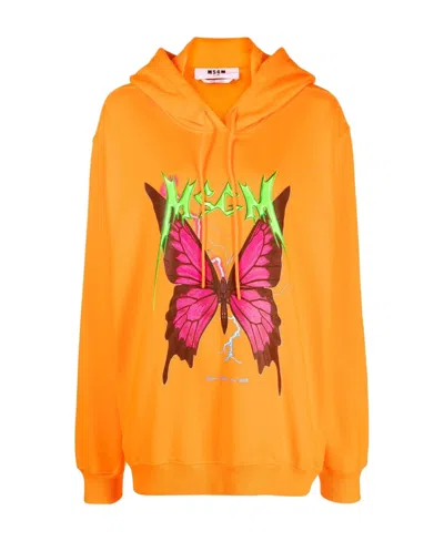 Msgm Graphic-print Cotton Hoodie In Orange