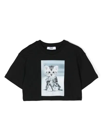 Msgm Kids' Graphic-print Cotton T-shirt In Black