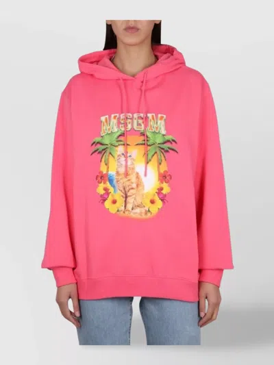 MSGM GRAPHIC PRINT HOODED SWEATSHIRT WITH RIBBED DESIGN