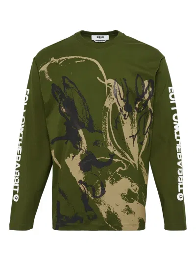Msgm Graphic-print Long-sleeve Cotton T-shirt In Green