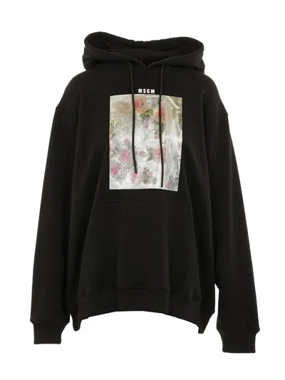 Msgm Graphic Printed Drawstring Hoodie In Black