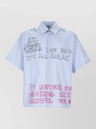 Msgm Graphic Striped Short Sleeve Shirt Top In Blue