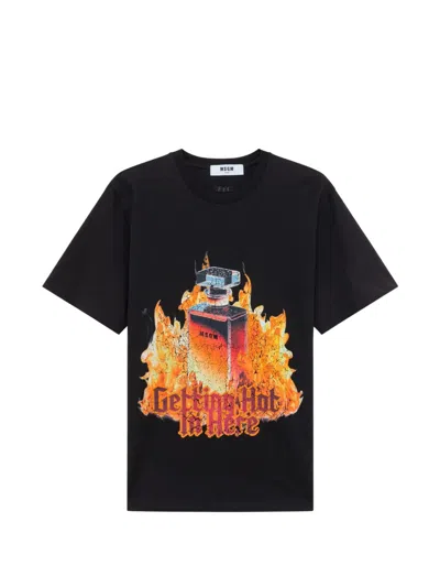 Msgm Graphic-print Logo-embroidered T-shirt In Black