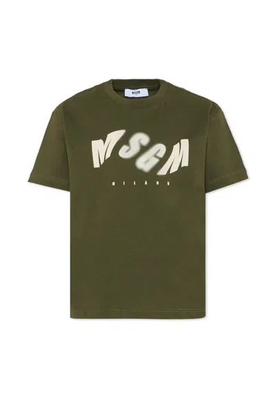 MSGM GREEN T-SHIRT FOR BOY WITH LOGO