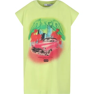 Msgm Kids' Green T-shirt For Girl With Car Print