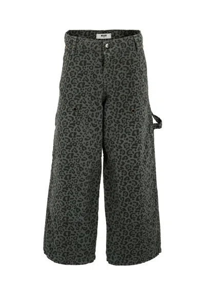 MSGM GREY PANTS FOR GIRL WITH LOGO AND SPOTTED PRINT