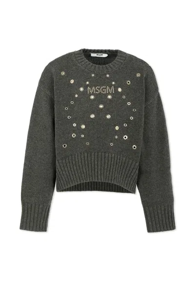 Msgm Kids' Grey Sweater For Girl With Logo In Gray