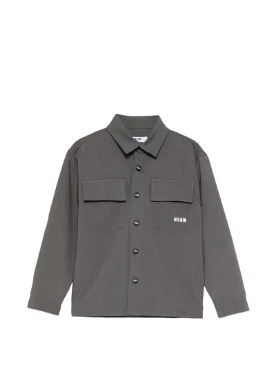 Msgm Grey Wool Shirt With Two Pockets And  Kids Logo In Gray