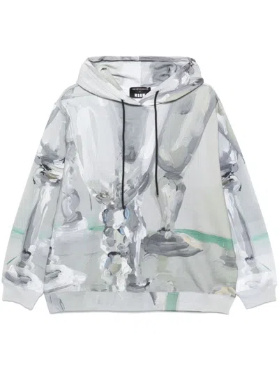 Msgm Hand Paint-print Hoodie In Grey