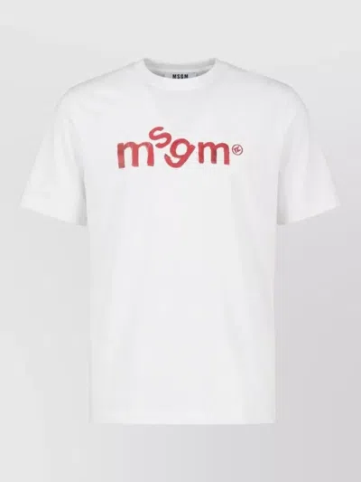 Msgm Handwritten Logo Cotton Crew Neck Tshirt In White