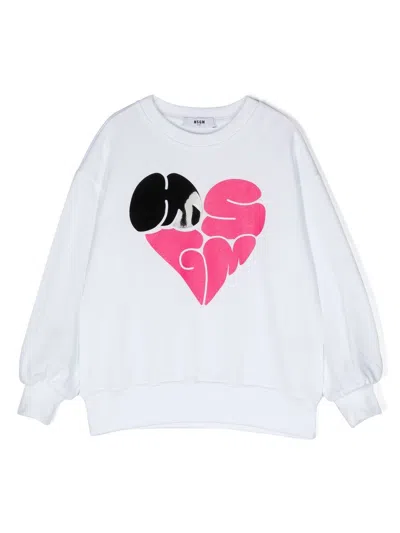 Msgm Kids' Heart Logo-print Sweatshirt In Weiss