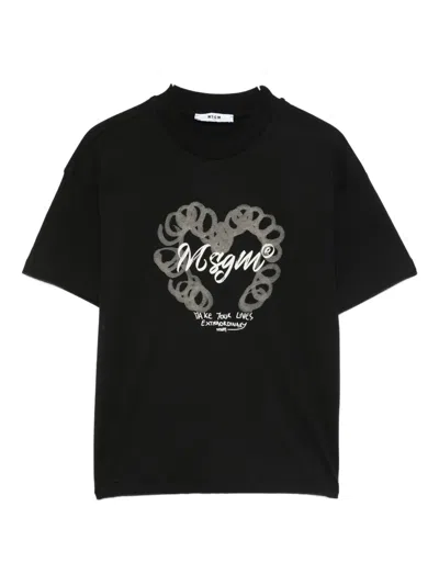 Msgm Kids' Heart-logo T-shirt In Black