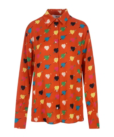 Msgm Heart-print Long-sleeve Shirt In Red
