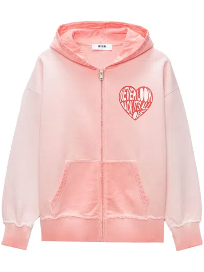 Msgm Heart-print Zip-up Hoodie In Pink