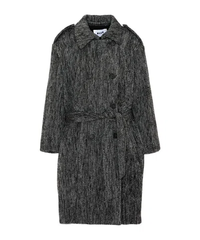 Msgm Herringbone-pattern Double-breasted Coat In Gray
