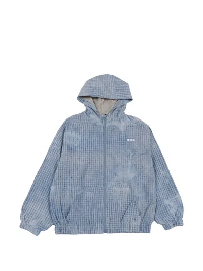 Msgm Kids' Hooded Checked Denim Jacket In Blue