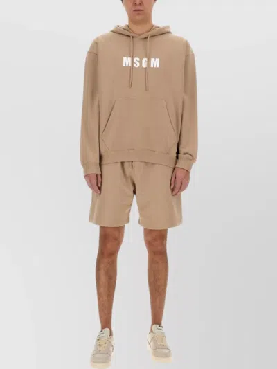 Msgm Hooded Sweatshirt With Kangaroo Pocket And Ribbed Finish In Beige