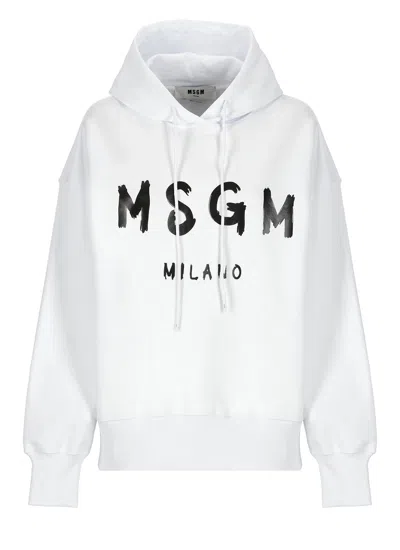 Msgm White Jersey Hoodie With Logo Print
