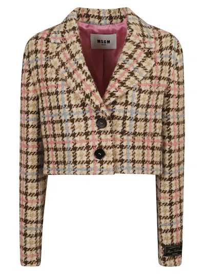 Msgm Houndstooth Cropped Check Jacket In Beige