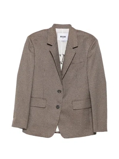 Msgm Houndstooth Single-breasted Jacket In Brown