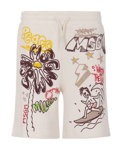 Msgm Illustration-print Cotton Shorts In White