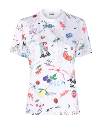 Msgm Illustration-print Cotton T-shirt In White
