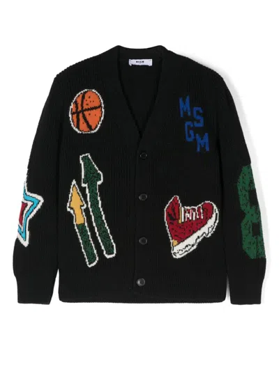 Msgm Kids' Intarsia-knit Cardigan In Black