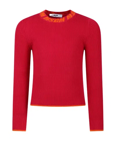 Msgm Kids' Intarsia-knit Ribbed Jumper In Red