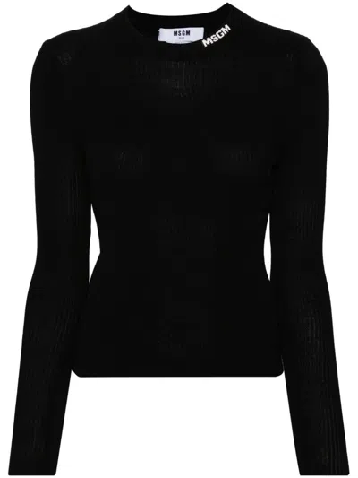 Msgm Intarsia-logo Knitted Top In Black