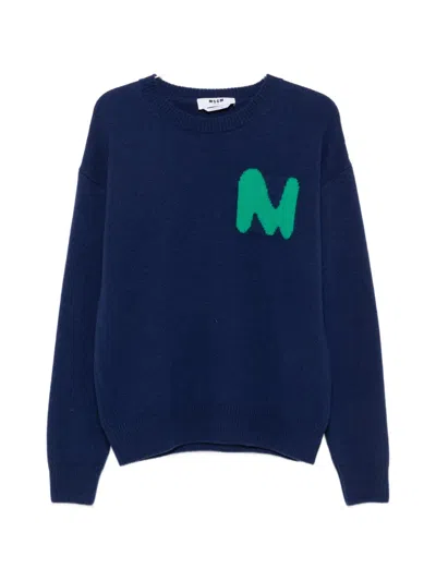 Msgm Intarsia-knit Logo-embroidered Sweater In Blue