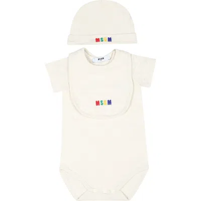 Msgm Ivory Bodysuit Set For Babykids With Logo