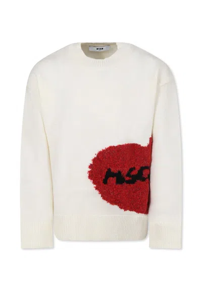 Msgm Kids' Ivory Crop Sweater For Girl With Heart And Logo In White