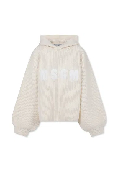 Msgm Kids' Ivory Crop Sweater For Girl With Logo In White