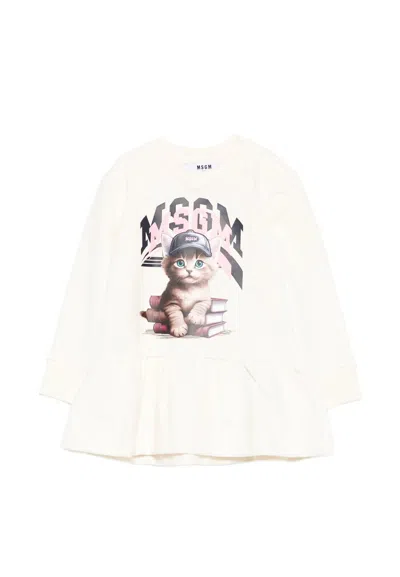 MSGM IVORY DRESS FOR BABY GIRL WITH LOGO AND CAT